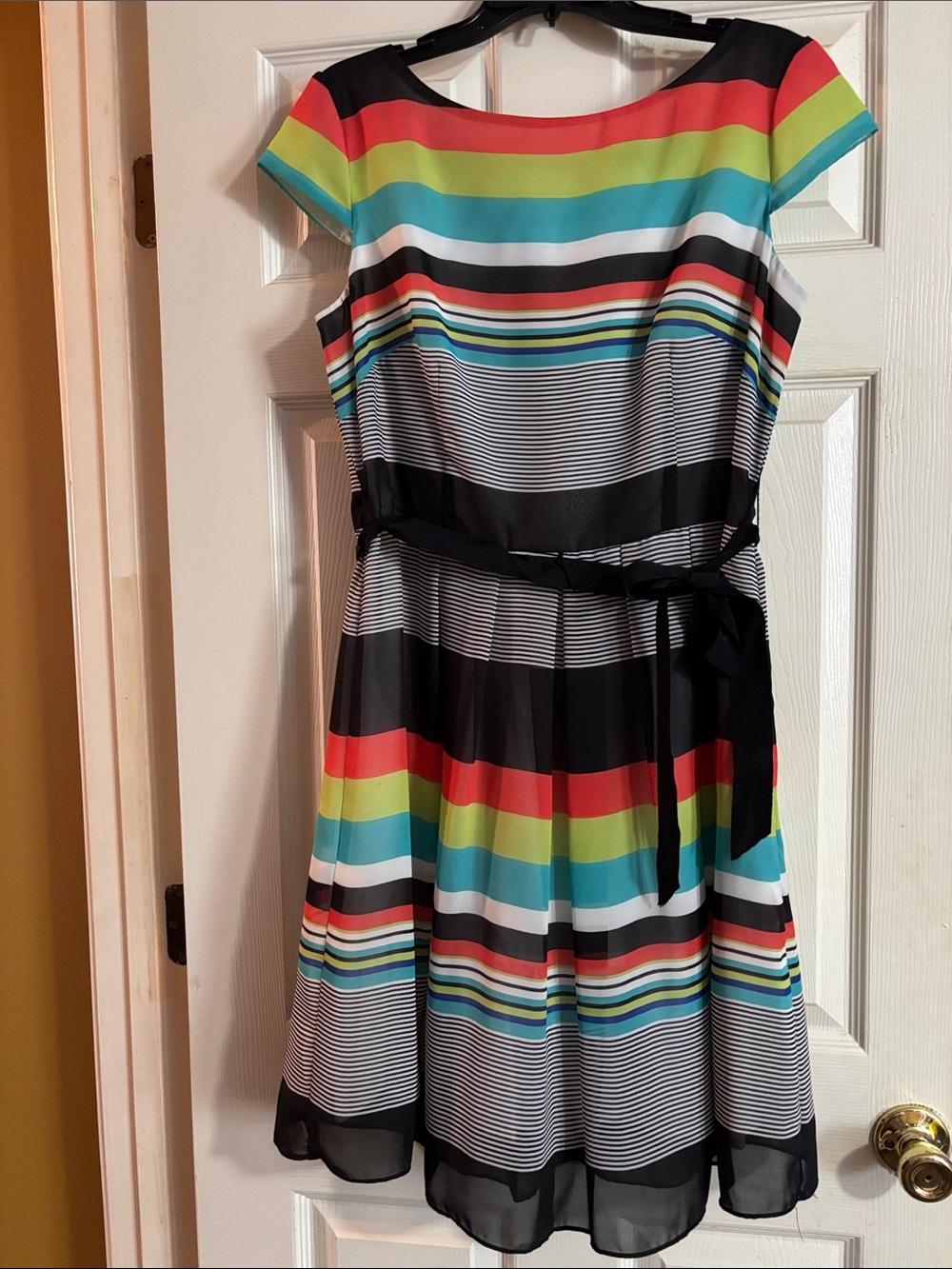 S.L. Fashions Black Multi-Color Striped Midi Dress with Waist Tie
